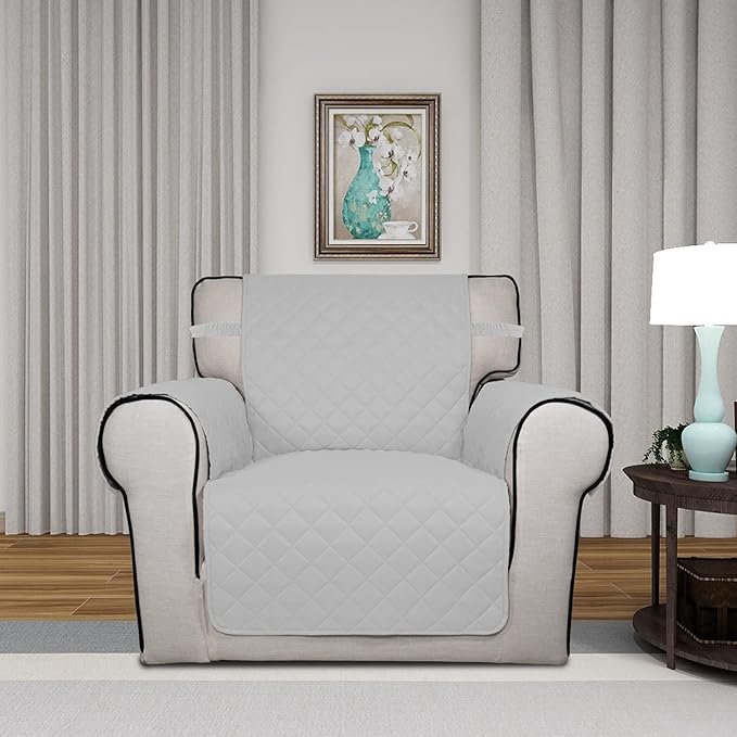 PureFit Reversible Quilted Sofa Cover, Water Resistant Slipcover Furniture Protector, Washable Couch Cover with Non Slip and Elastic Straps for Kids, Pets (Chair, Light Gray/Ivory)