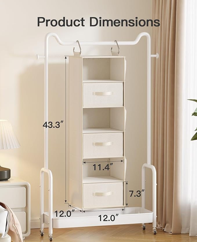 Pipishell Hanging Closet Organizer 6-Shelf, Hanging Shelves for Closet with 3 Removable Drawers & Side Pockets, Hanging Shelf Organizer for Bedroom or Garment Rack, 12'' x 12'' x 43.3'', White