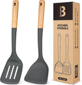Silicone Wok Spatula Turner Set, Perfect for Scooping, Flipping, Lifting Pancakes and Picking up Veggies, BPA-Free Matte Silicone, Wooden Handles, Safe for Nonstick Cooking Surfaces (Grey)