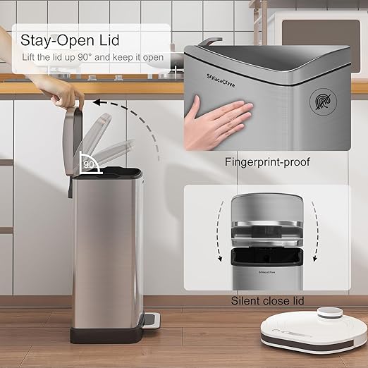 30 Liter/8 Gallon Step Trash Can with Inner Liner,Large Step Trash Bin with Silent Close Lid,Fingerprint Resistant Finish(Brushed Gray)