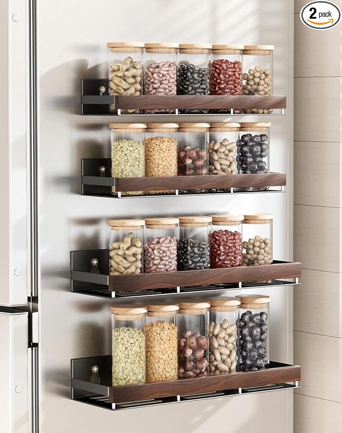 Walnut Magnetic Spice organizer for Refrigerator Wall Mount Spice Rack Magnetic Fridge Shelf Spice Jar Seasoning Organizer (4 PSC)