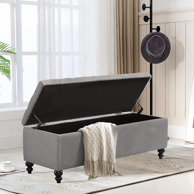 Storage Ottoman 50.2 Inches Upholstered Fabric Bench，Button Tufted for Living Room，Bedroom End of Bed Bench Withstands 303lbs (Grey)