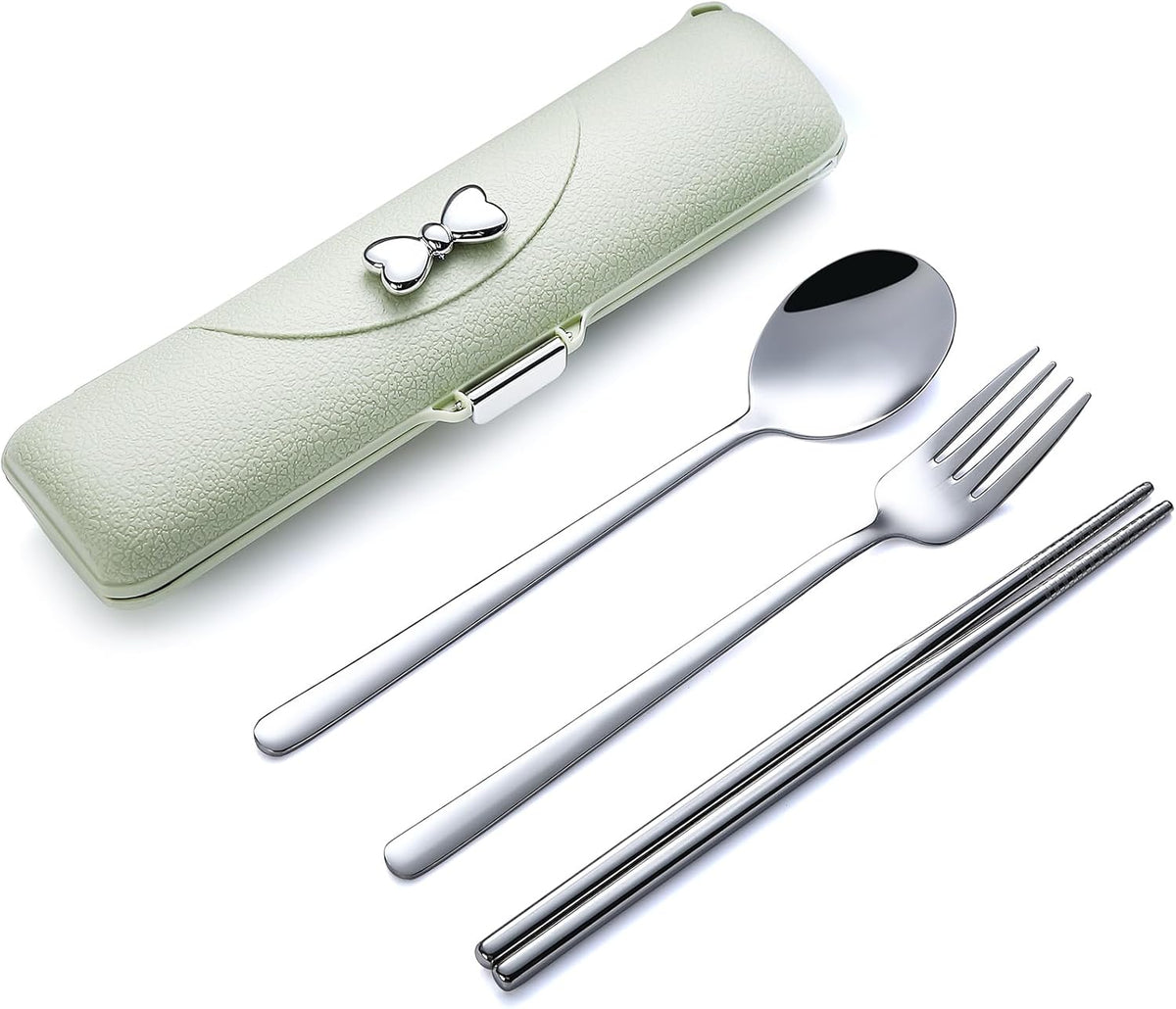 DEVICO Travel Silverware Set with Case, Portable Lunch Utensils Set for Work, Reusable Travel Cutlery Set, 18/8 Stainless Steel Flatware for Caming School Picnic, Dishwasher Safe (Green)
