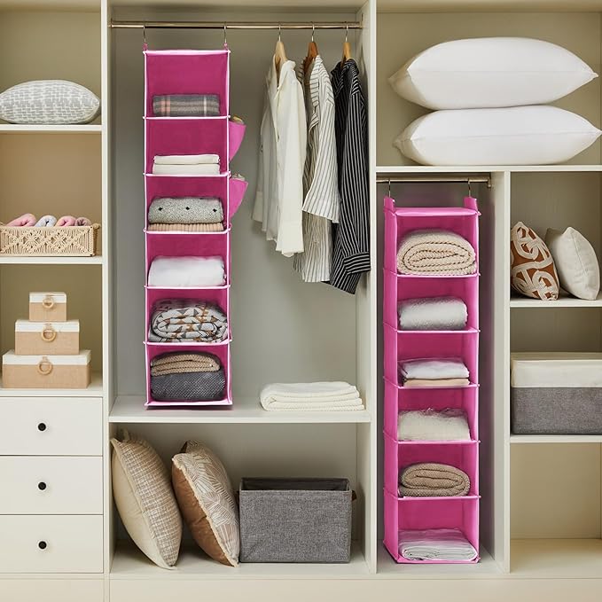 YOUDENOVA Hanging Closet Organizer and Storage, 6-Shelf Closet Hanging Storage Shelves, Light Pink