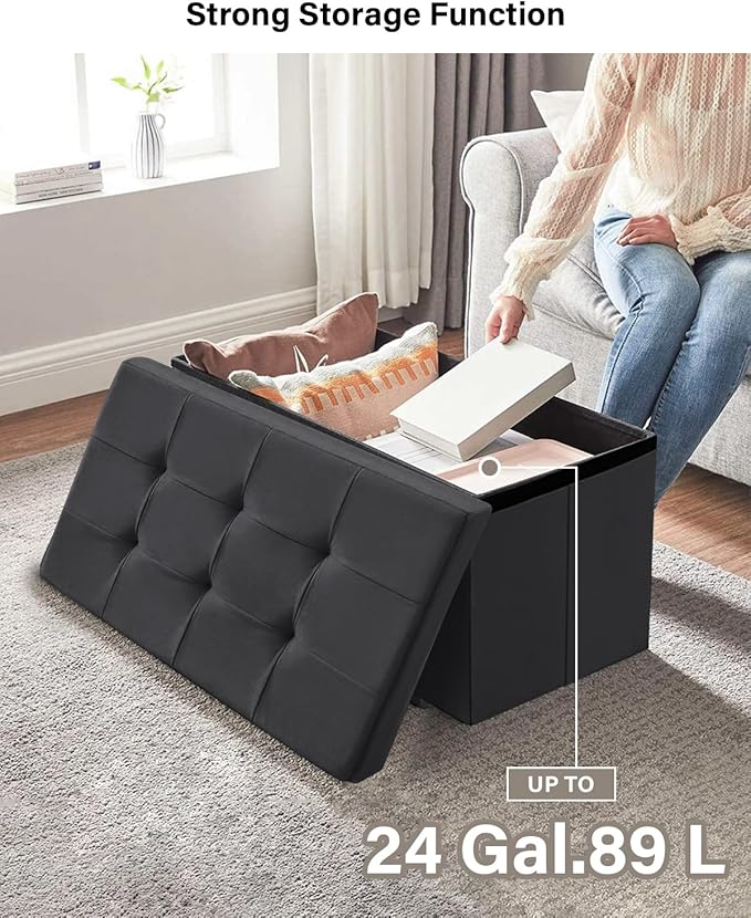 Folding Storage Ottoman, Velvet Storage Bench, Footrest, Removable Divider, for Living Room, Bedroom, 15 x 30 x 15 Inches, 660 lb Load Capacity, Ink Black UASND01B