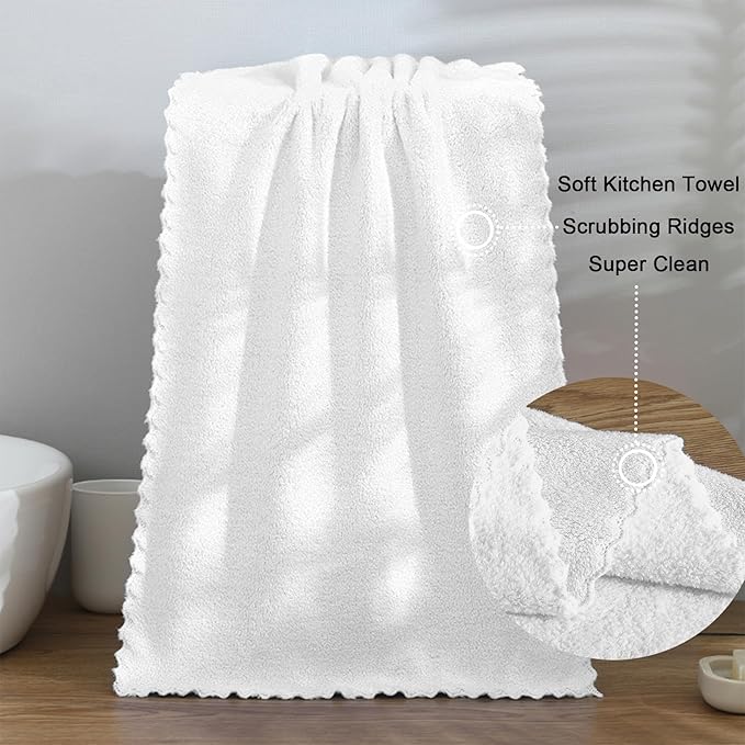 kimteny Kitchen Cloth Dish Towels, 13x28 Inches Premium Dishcloths, Super Absorbent Coral Velvet Microfiber Cleaning Cloths, Fast Drying Rags for Washing Dishes (13x28-6 Pack, White)