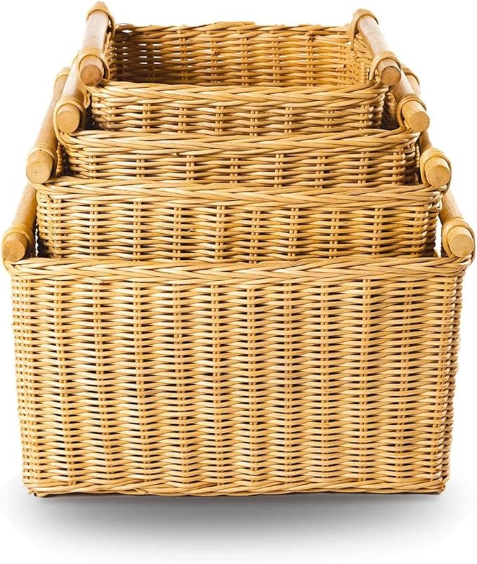 The Basket Lady Deep Pole Handle Wicker Storage Basket, Small, 11.5 in L x 11.5 in W x 8 in H, Sandstone