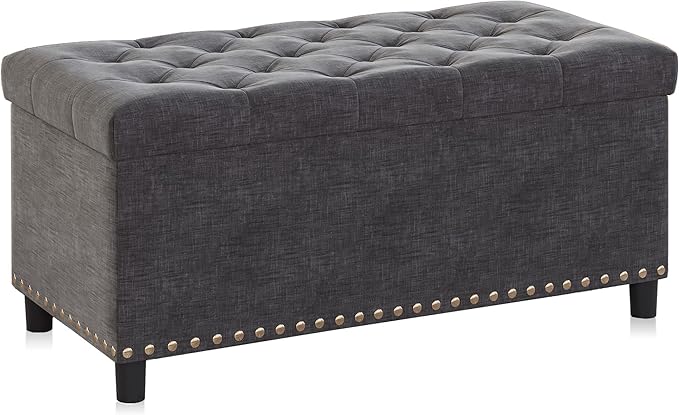 BELLEZE 35" Tufted Ottoman, Storage Bench with Safety Close Hinge, Ottoman with Storage for Living Room, Entryway, Hallway, Foot Rest, Support 300lbs - Dark Grey