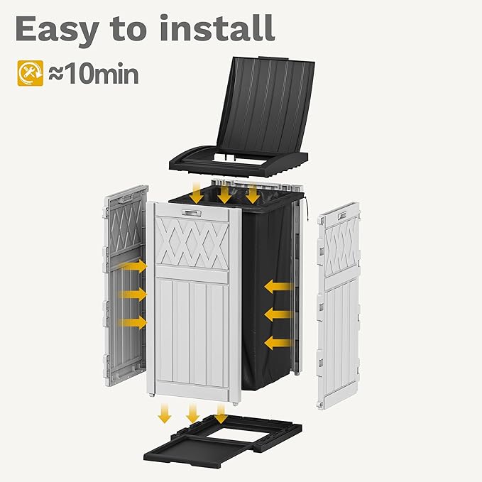 DWVO 36-Gallon Outdoor Trash Can with Fabric Bag, Tiered Lid & Drip Tray, Waterproof Resin Garbage Bin for Patio, Deck, and Backyard, White & Black