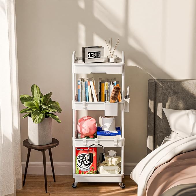 4 Tier Rolling Cart Organizer,Art Craft Diaper Bedside Snack Laundry Room Bathroom Organizer Narrow Thin Slim Rolling Trolley Utility Cart with Wheels for Kitchen,Office(White)