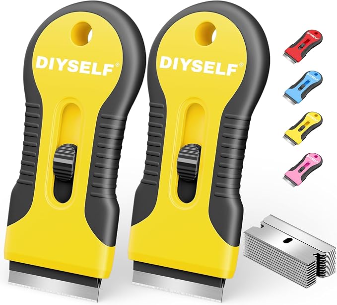 DIYSELF 2 Pack Razor Blade Scraper, Includes 10 PCS Additional Razor Blades, Streamlined Razor Scraper, Razor Blade Scraper Tool for Cooktop, Kitchen, Oven, Compact Glass Scraper for Paint, Sticker