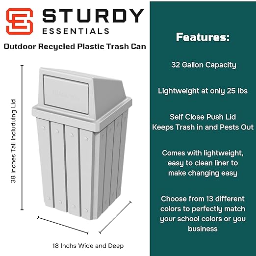 32 Gallon Square Slatted 100% Recycled Plastic Heavy-Duty Commercial Outdoor or Indoor Trash Can with Push Top Lid | Great for Schools and Businesses - White