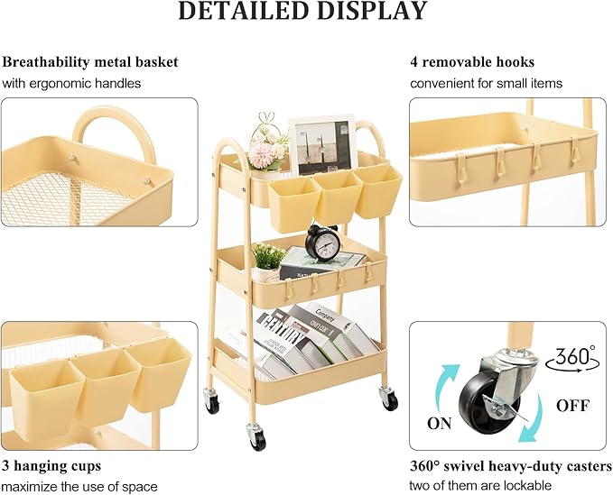 danpinera 3-Tier Rolling Cart, Metal Rolling Storage Cart with Lockable Wheels & Hanging Cups & Hooks, Mobile Trolley for Kitchen, Bathroom, Office, Workshop, Yellow
