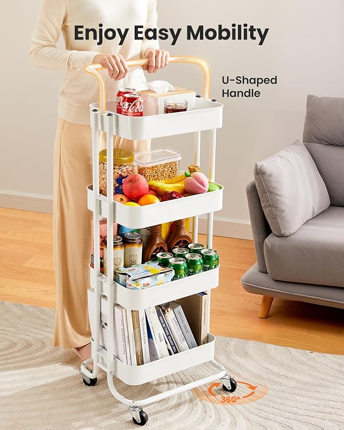 Pipishell 4 Tier Mesh Utility Cart, Rolling Metal Organization Cart with Handle and Lockable Wheels, Multifunctional Storage Shelves for Kitchen Living Room Office White, PIUC12W
