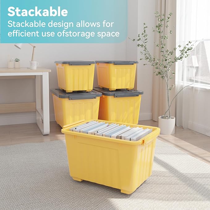 Nazhura Plastic Storage Bin, Stackable and Nestable Storage Boxes with White Lids and Secure Latching Buckles, Large Storage Container (Yellow/Purple, 72Quart-6Pack)