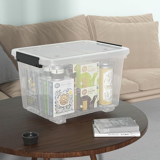 30 Quart Plastic Clear Storage Bin with Wheels, Plastic Latching Bins with Lids, 4 Packs