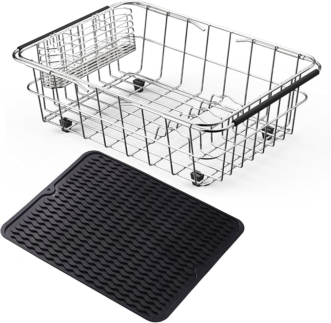 Stainless Steel Dish Drying Rack(15.2"L X 11"W X 5.3"H), Expandable Fruit & Vegetable Drain Rack over Sink, Dish Drainer Rack in Sink, with Stainless Steel Utensil Holder & Silicone Mat(16")
