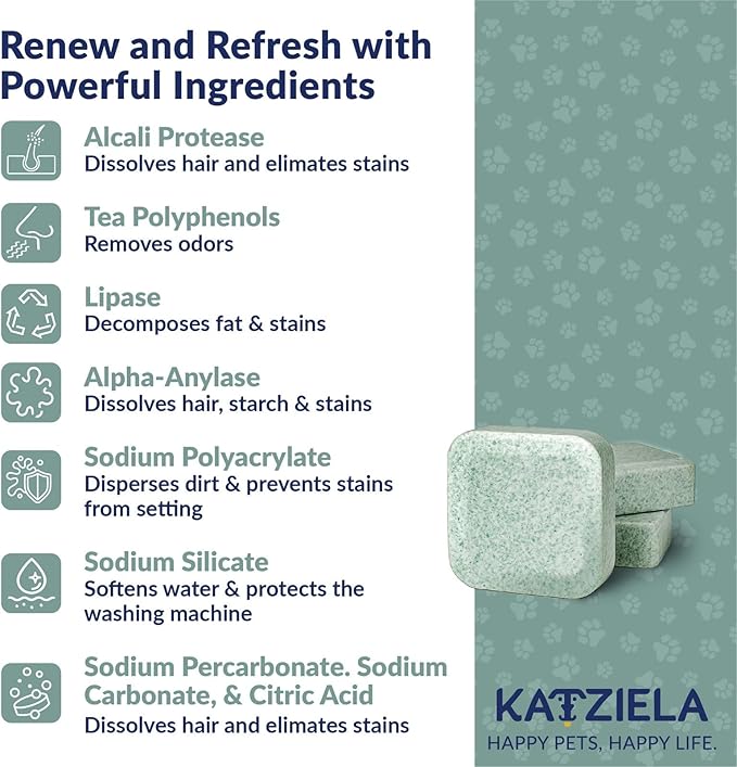 Katziela Washing Machine Cleaner Tablets – 24 Pack (12-Month Supply) – Formulated for Pet Owners – Helps Loosen Pet Hair & Eliminate Odors – Fragrance-Free, Enzyme-Based – Septic Safe & HE Compatible