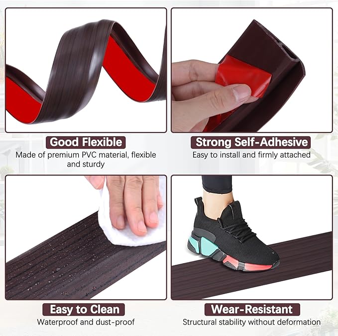 Vinyl Door Threshold Flooring Transition Strip Self Adhesive Carpet Edging Strip for Laminate Doorway Edge Threshold from 1/5" to 2/5" (Black Walnut Wood Grain, 6.6 Ft)