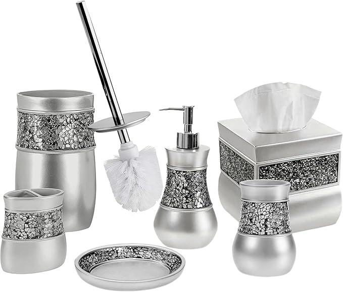Crackled Glass Toilet Brush with Holder - Silver Toilet Bowl Cleaner Brush and Holder - Good Grip, Deep Cleaning, Decorative Design Compact Toilet Bowl Scrubber