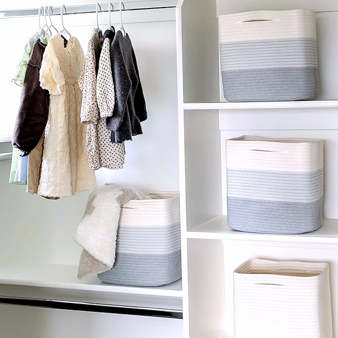 NaturalCozy Storage Cubes 11 Inch Cotton Rope Woven Baskets for Organizing, 3-Pack | Cube Storage Bin | Square Storage Baskets for Shelves Organizer, Classroom, Kids Toy Bins, Closet, Baby Nursery