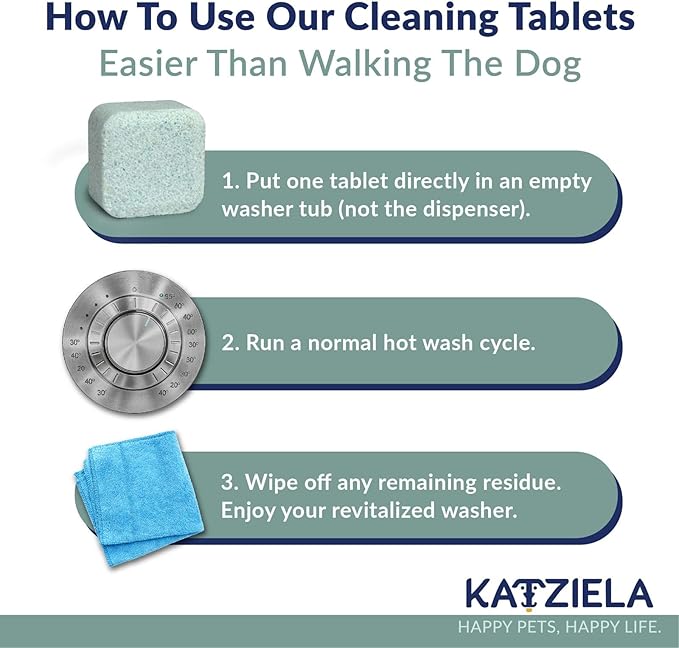 Katziela Washing Machine Cleaner Tablets – 24 Pack (12-Month Supply) – Formulated for Pet Owners – Helps Loosen Pet Hair & Eliminate Odors – Fragrance-Free, Enzyme-Based – Septic Safe & HE Compatible