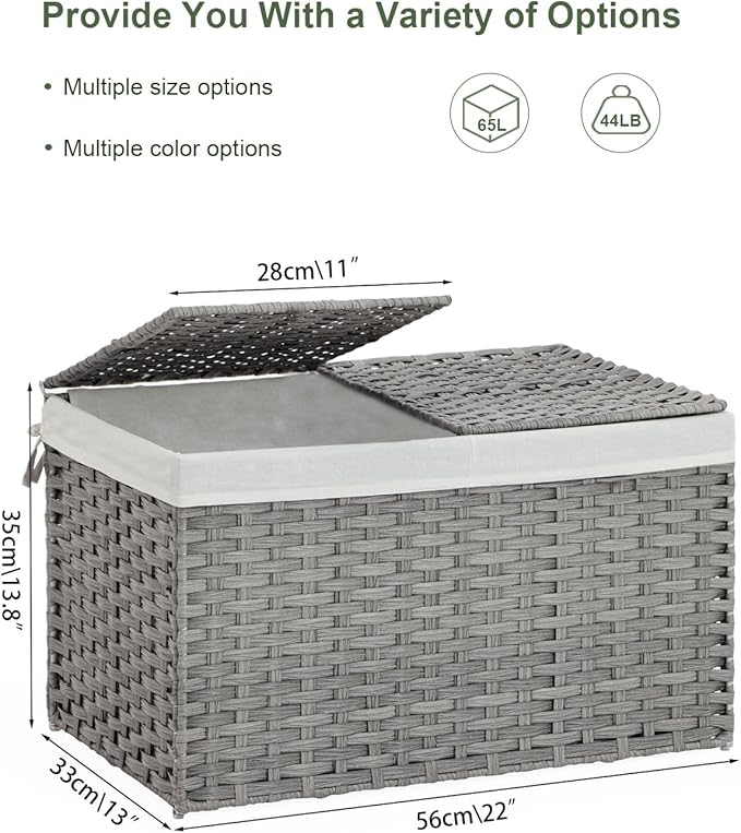 Storage Basket with Lid Rattan, Woven Storage Baskets with 2 Separate Lids, 17.2 Gallon (65 L), 22.2 x 13 x 13.8 Inches, Foldable, 2 Removable Liner Bags Handles for Bedroom, Laundry Room Gray