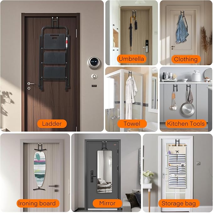 FYY Over The Door Hooks - 2 Pack Heavy Duty Dual-Hook Organizer Hanger with Non-Slip Rubber for Towels, Clothes, Hats & Bags Use in Bathroom, Bedroom, Kitchen - Fits Interior Doors Up to 1 3/8" Black