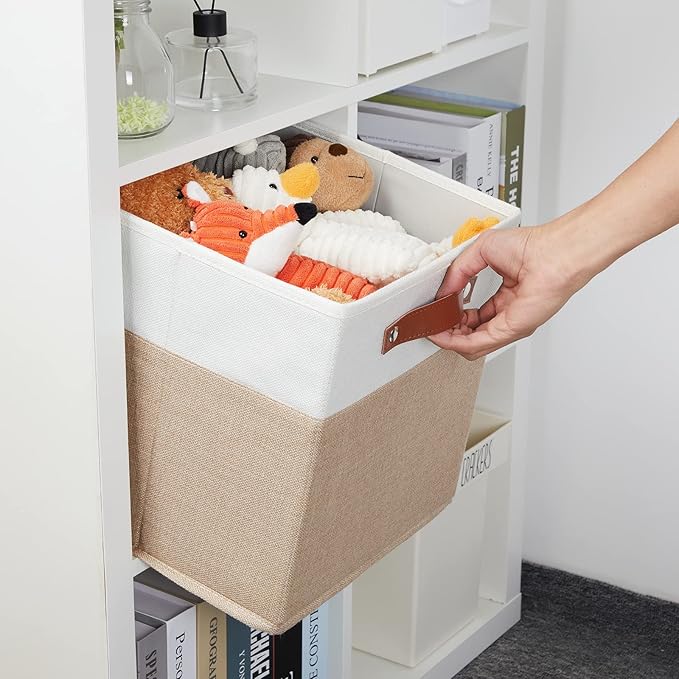 DULLEMELO Cube Storage Bins,12 x 12 x 12 inch Fabric Storage Cubes for Organizing,Collapsible foldable Linen Canvas Closet Storage Bins for Shelves Closet Bedroom Toys Home Office(White&Khaki-4 Pack)