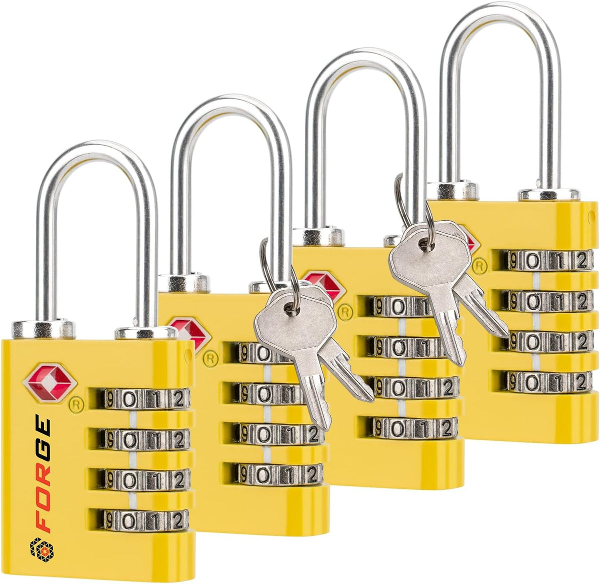 Forge Dual-Opening: Key or Combination Access Lock, TSA Approved Locks for Luggage, Pelican case, Travel, Gym, School, Stainless Steel Shackle.(Yellow, 4 Pk)