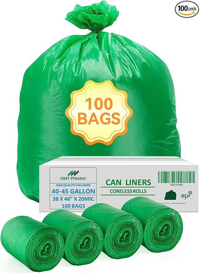 100 Count 100% Biodegradable and Compostable Trash Bags, 40-45 Gallon, 20 Microns, 38x46 Inches, Green Eco-Friendly