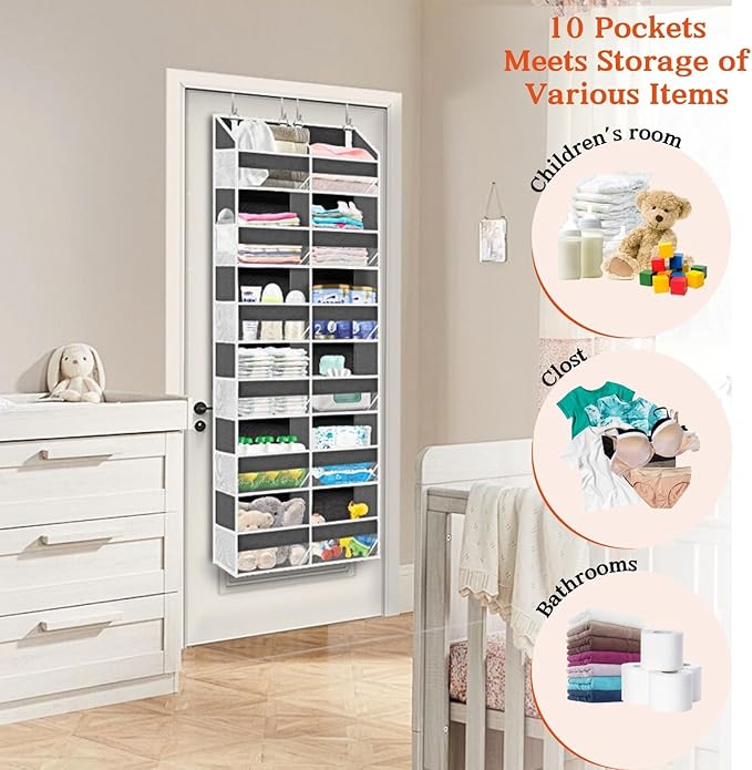 Over the Door Organizer 6 Tiers, Extra Large Behind Door Storage of 12 Compartments, 80 lbs Weight Capacity Hanging Storage Organizer with Clear Window Kids Toys, Shoes, Diapers, Room storage