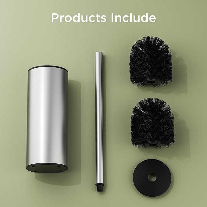 Toilet Brush and Holder Set, Toilet Bowl Brush with Heavy Duty 304 Stainless Steel Base and Extra Long Handle, Toilet Bowl Cleaners Brush for Bathroom (Stainless Steel)