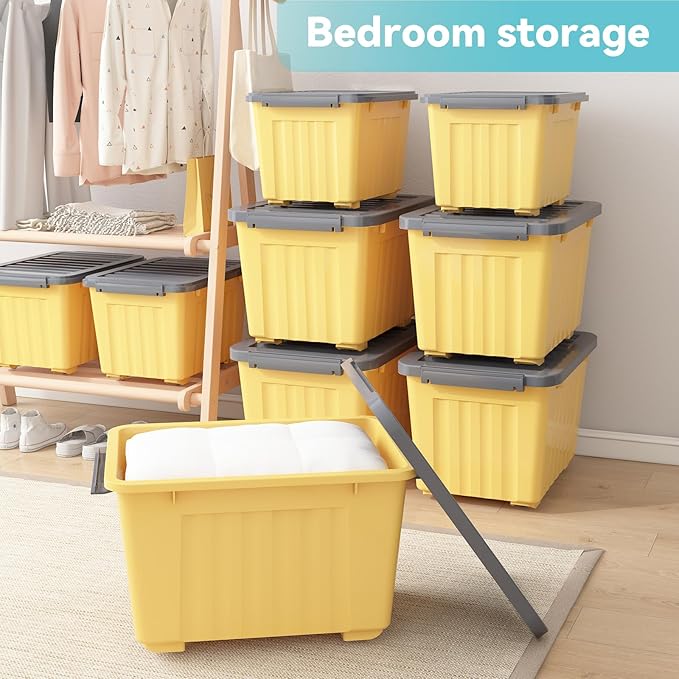 Nazhura Plastic Storage Bin, Stackable and Nestable Storage Boxes with White Lids and Secure Latching Buckles, Large Storage Container (Yellow/Purple, 72Quart-6Pack)