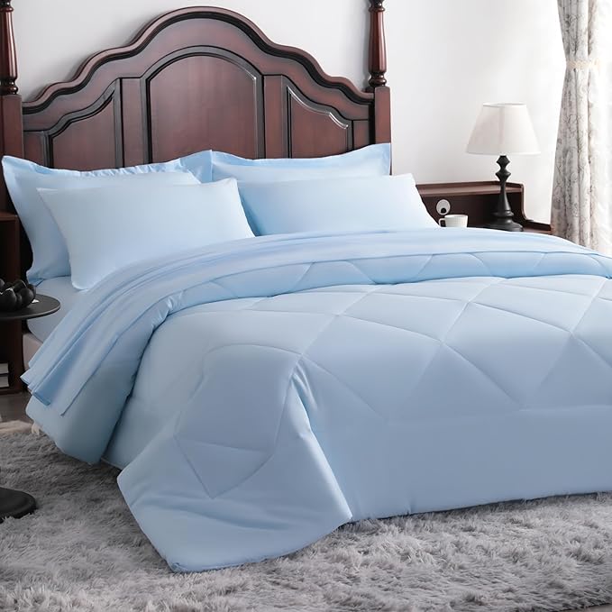 NTBAY King Comforter Set with Sheets, 7 Pieces Soft and Breathable King Bedding Set, Bed in a Bag, Down Alternative Comforter Set Solid Color All Season, King Bedding Set, Aqua