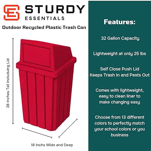 32 Gallon Square Slatted 100% Recycled Plastic Heavy Duty Outdoor Trash Can with Push Top Lid - Great for Schools and Businesses - Red