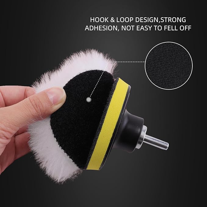 Wool Buffing Polishing Pad, SPTA 3 Inch (75mm) Lambwool Wool Buffing polishing Pads, 6 Pcs Kit with Hook & Loop 5/8"-11 Thread Drill Adapter for Car Polishing and Buffing -QA0798SET