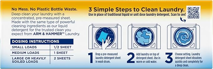 Arm & Hammer Power Sheets Laundry Detergent, Fresh Linen 50ct, up to 100 Small Loads (Packaging may vary)