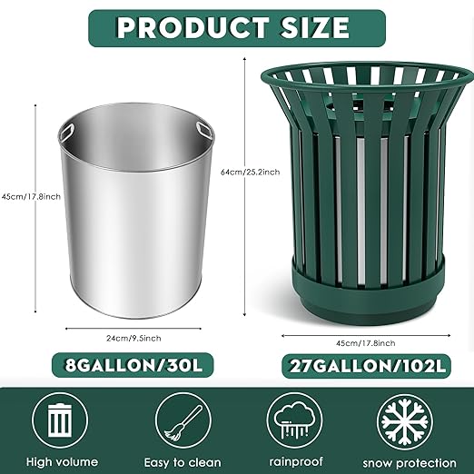 Round Heavy Duty Outdoor Trash Can, Large Metal Slatted Garbage Can for All Weather Resistant, Commercial Garbage Cans, Waste Receptacle in Park, Beach, Patio (Green, Medium)