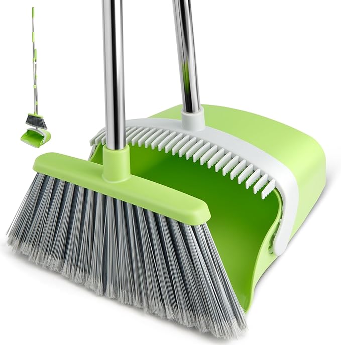 Broom and Dustpan Set, Dustpans with Broom Combo for Home, Heavy Dust Broom and Dustpan Combo, Long Handle Dust Pan and Broom Set for Kitchen, Office, Pet Hair(Gray Green)