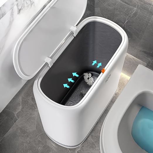 JOYBOS Bathroom Trash Cans,Adsorption Garbage Can with Press Type Lid,10L Dogproof Slim Plastic Narrow Trash Bin,3 Gallon Garbage Bin for Home,Office and Narrow Place