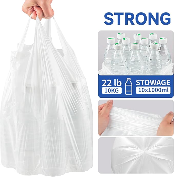 Small Trash Bags with Handles 2 Gallon 50 Count White - Ocean Plastic Upcycling - Plastic Garbage Bags, Can Bin & Waste Basket Liner for Kitchen, Bathroom, Office and Pets