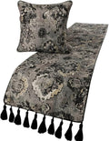 The HomeCentric Designer Black & Grey King 90 x 18 inch Bed Runner with Pillow Cover Set, Velvet Damask with Tassels Bed Scarf, Abstract Modern - Paved Damask