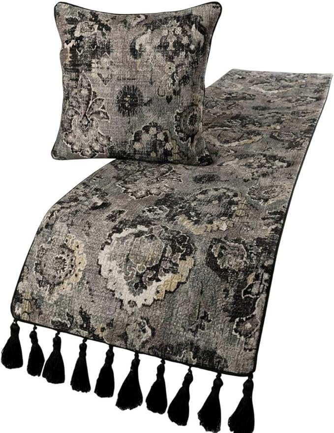 The HomeCentric Designer Black & Grey King 90 x 18 inch Bed Runner with Pillow Cover Set, Velvet Damask with Tassels Bed Scarf, Abstract Modern - Paved Damask