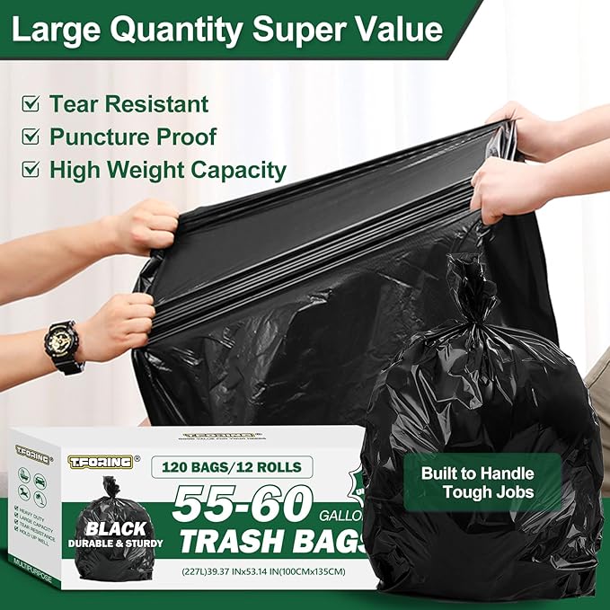 55-60 Gallon Black Trash Bags 120 Count - 40''x53'' Extra Large 50+ Gallon Garbage Bags,Unscented Strong Huge Can Liners for Construction Industrial Yard Outdoor Commercial