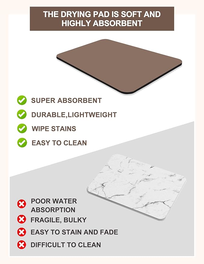 Dish Drying Mat for Kitchen Counter, 16"x24" Dish Drying Pad with Non-slip Rubber Backed, Hide Stain Anti Absorbent for Kitchen Counter, Drying Mat for Coffee Machine Dish Rack (Brown)