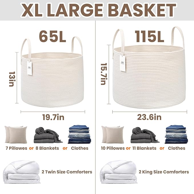 Woven Blanket Basket,115L Large Rope Storage Bin with Handles, Organizer for Blankets Toys Book and Clothes, Laundry Basket for Living Room Bedroom Nursery,White