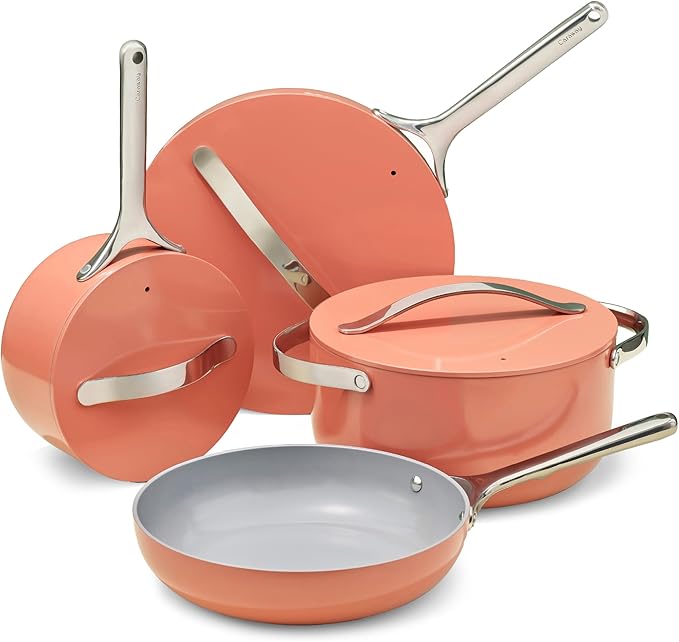 Caraway Non-stick Ceramic Cookware Set (12 Piece) Pots, Pans, Lids and Kitchen Storage - PFAS & PFOA Free - Oven Safe Pan Set & Compatible with All Stovetops - Perracotta
