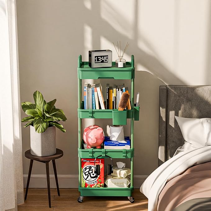 4 Tier Rolling Cart Organizer,Art Craft Diaper Bedside Snack Laundry Room Bathroom Organizer Narrow Thin Slim Rolling Trolley Utility Cart with Wheels for Kitchen,Office(Green)