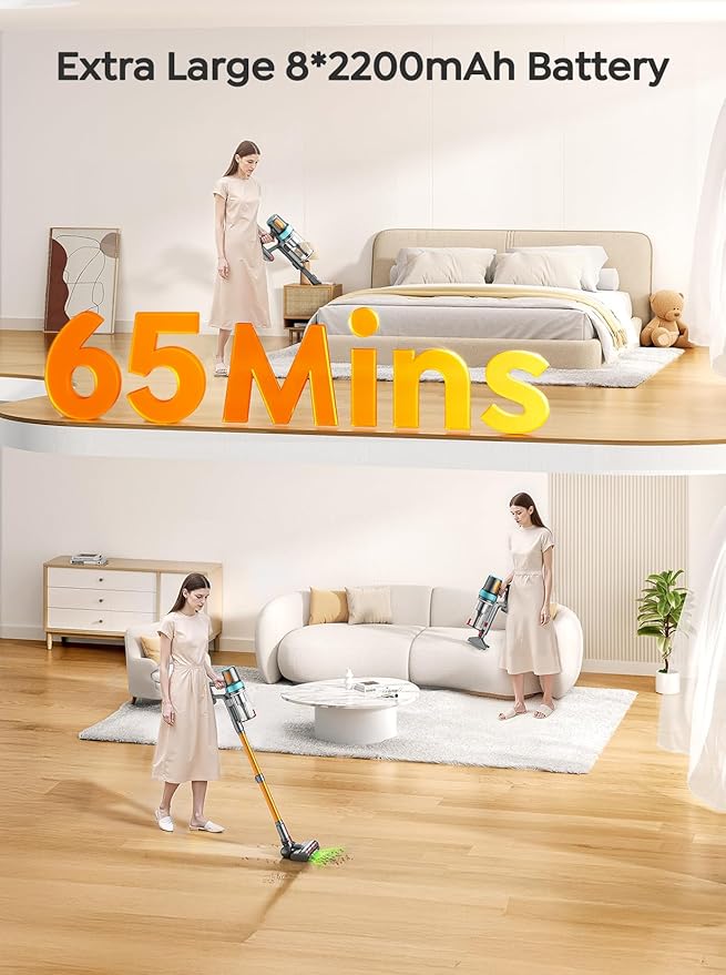 Cordless Vacuum Cleaner, Upgraded 600W 50Kpa 65Mins Vacuum Cleaners for Home, LED Touch Screen Stick Vacuum with Rechargeable Wall Mount & 3.3Ft Extendable Hose for Carpets/Pet Hair/All Floor